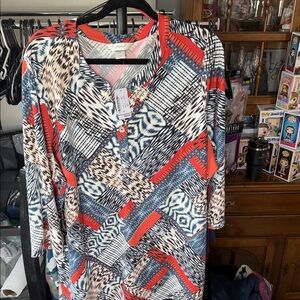 CJ Banks Coral, Blue & Cream Patterned Button-Front Tunic
